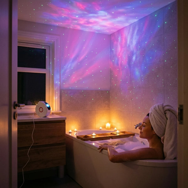 A woman relaxing in a foam bath with candles, hair wrapped in a towel, a soft pink and violet nebula with tiny green stars on the ceiling above and the projector on a dry stool across the room