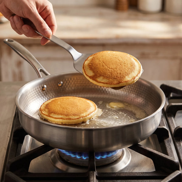 A hand tilting the pan while a spatula lifts an egg with crisp edges