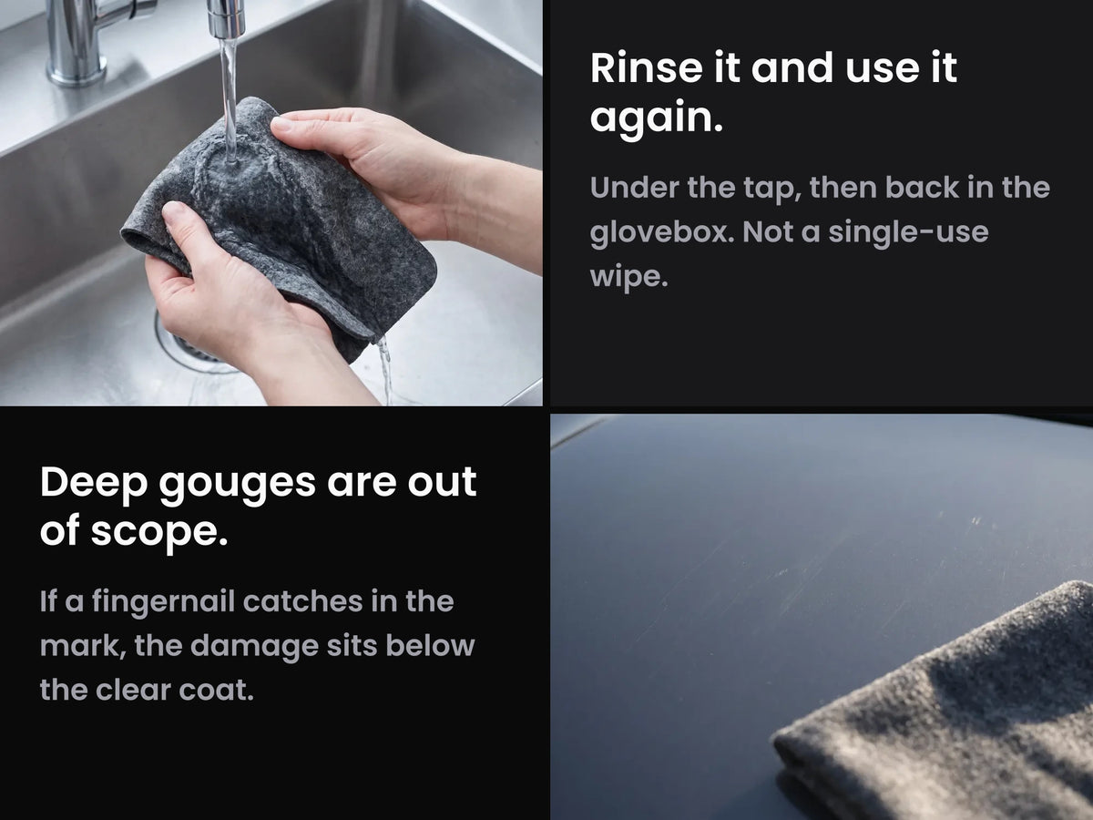 NanoPolix Nano Sparkle Cloth being rinsed under a faucet, and lying folded on dark car paint with fine surface scratches