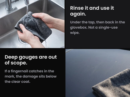 NanoPolix Nano Sparkle Cloth being rinsed under a faucet, and lying folded on dark car paint with fine surface scratches