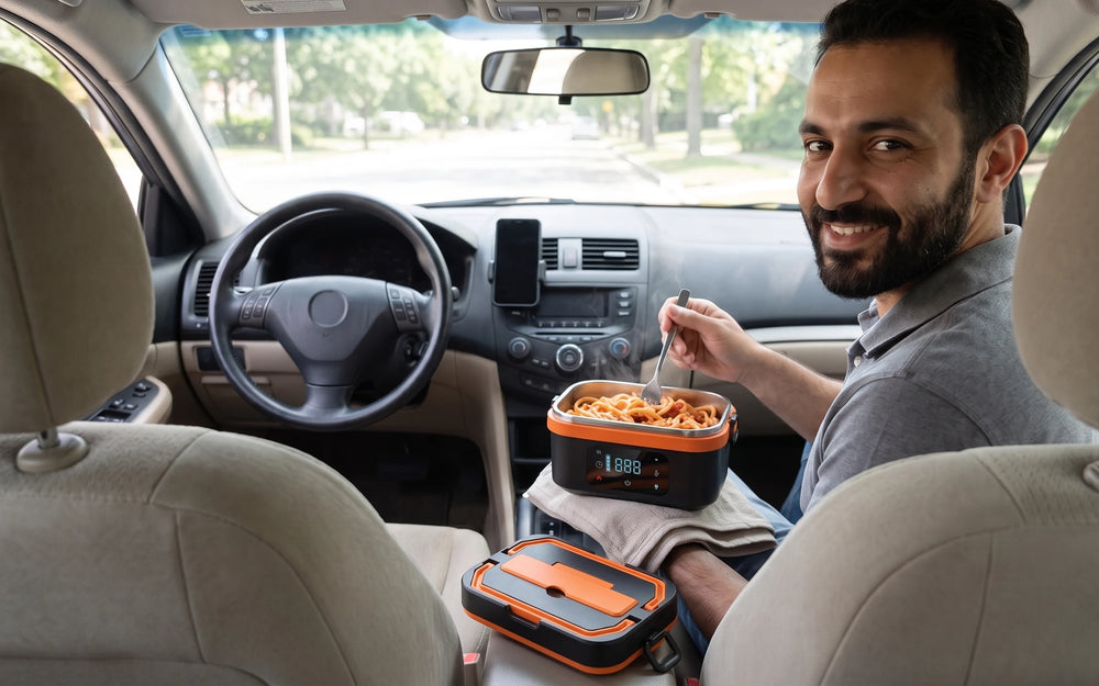 A man in a grey polo sitting in a parked sedan on a tree-lined street with the open lunch box on a folded towel on the lap, steam rising from pasta, sunlight through the windshield