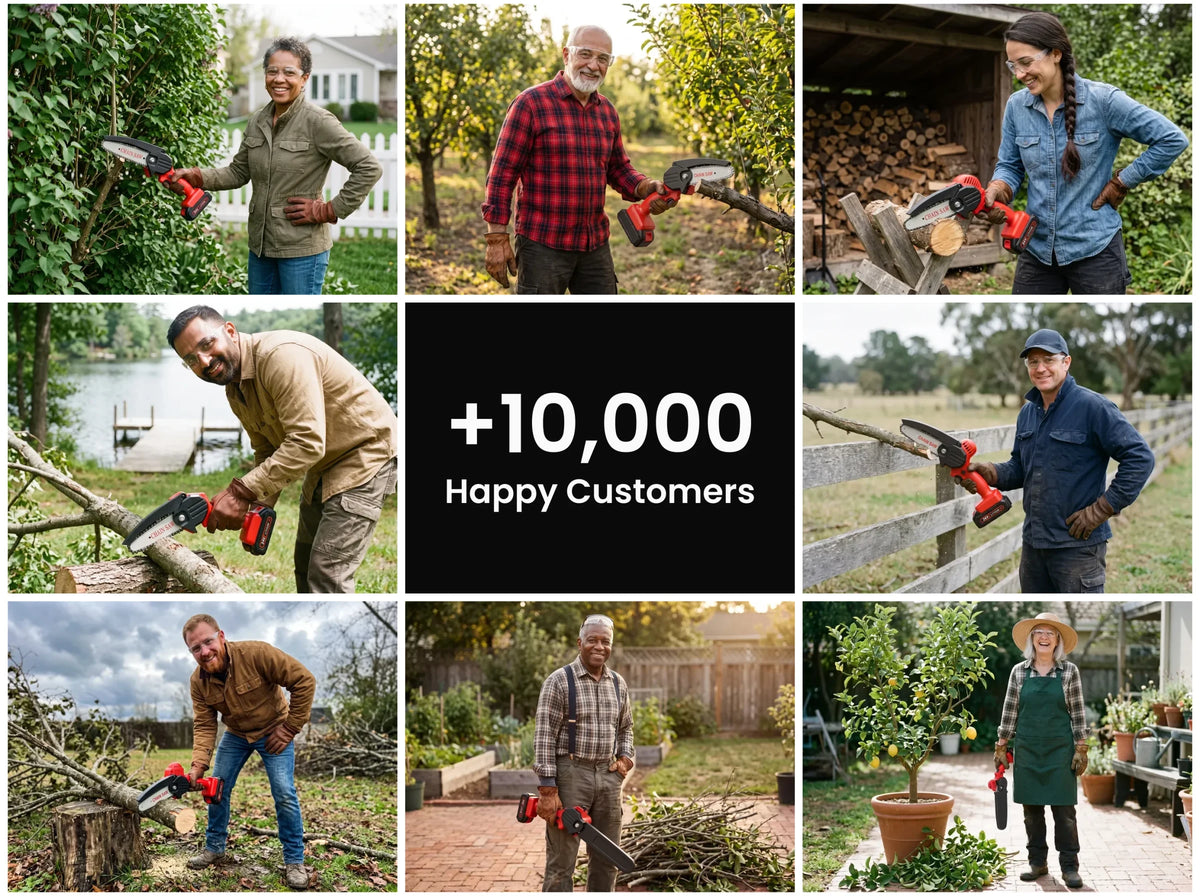 WoodRanger owners trimming limbs and cutting small logs, with +10,000 Happy Customers in the center