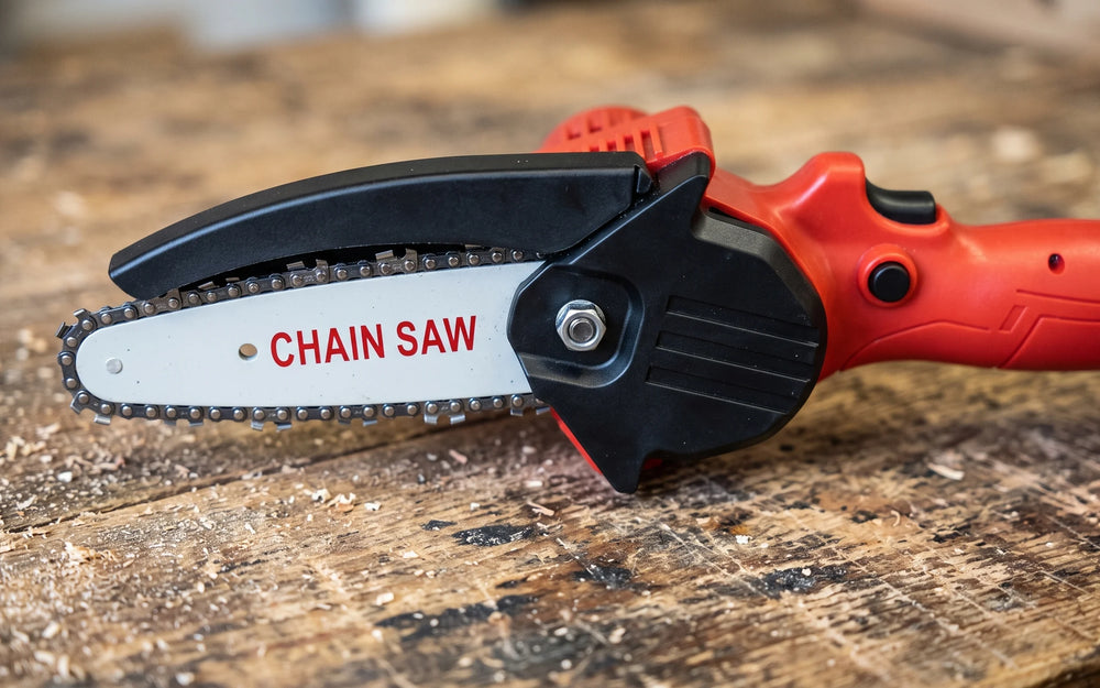 Close view of the saw head with the ribbed black cover, the baffle along the bar and the round safety button behind it